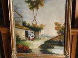 an old painting of a farm scene is on display in a gold frame