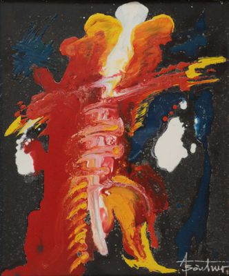 une peinture abstraite représentant un cheval rouge, jaune et bleu