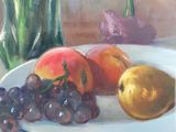 a painting of a plate of fruit and a vase of flowers