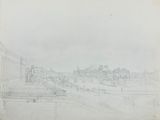 a drawing of a view of a city with a clock tower in the distance