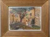 une peinture à l'huile représentant une femme assise sur un pont devant un immeuble