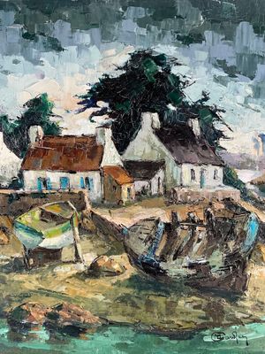 a painting of a painting of a boat in the water