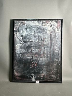 painting on the wall of a gray room with a black frame