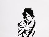 a black and white drawing of a woman holding a baby