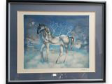 painting of a horse in a snowy landscape with a tree in the background