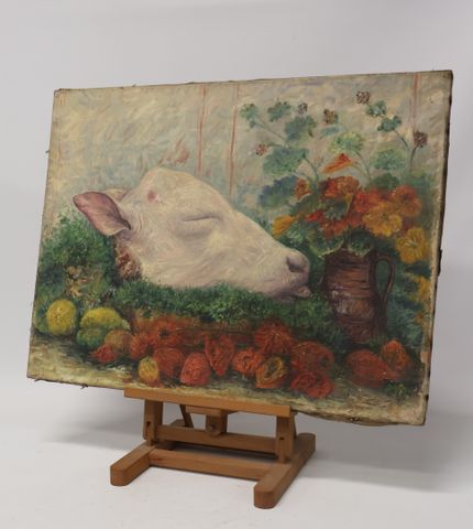 École française XIXème « Nature morte à la tête de veau ». Huile ...