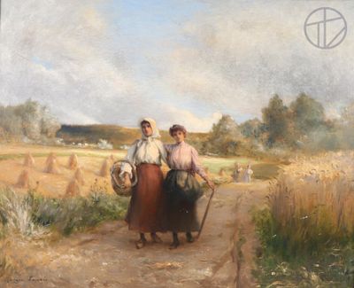 un tableau représentant deux femmes marchant sur un chemin de terre