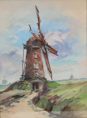 an oil painting of a windmill on a hill with a sky background