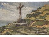 une image représentant une peinture d'une croix au sommet d'une colline