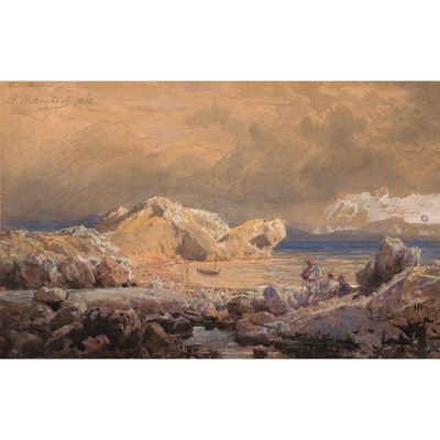 une image représentant un tableau d'une plage rocheuse avec des personnes dessus