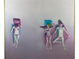 painting of three women in bathing suits on a beach with a surfboard