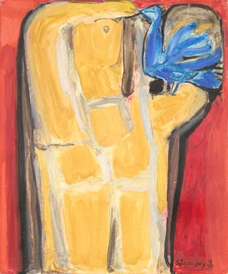 an image of a painting of a man with a blue hat