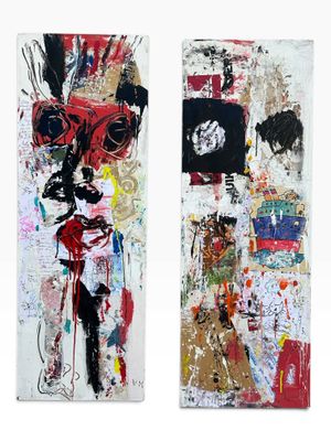 two pieces of art with different colors and designs on them