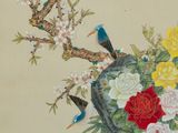 a painting of a vase with flowers and birds on it
