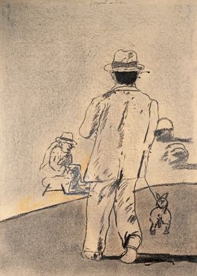 dessin représentant un homme promenant son chien et un homme coiffé d'un chapeau