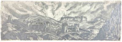 une image représentant un dessin d'un château dans les montagnes