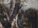 a painting of a tree with a bird perched on it ' s branch