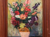 an oil painting of a vase of flowers on a table