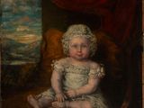a painting of a baby in a white dress sitting on a chair