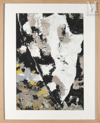 un tableau abstrait en noir et blanc, encadré de bois, accroché au mur