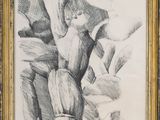 drawing of a woman sitting on a rock in a gold frame