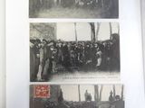 several black and white photos of a group of men standing in front of a building