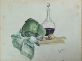 a painting of cabbage and a bottle of wine on a table