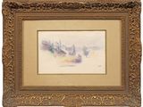 a painting of a landscape with buildings and trees in a gold frame