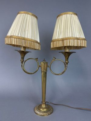 pair of antique brass table lamps with plea lampshads