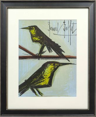 tableau représentant deux oiseaux perchés sur une branche, dans un cadre noir