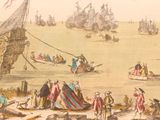 a drawing of a group of people on a boat in the water