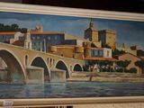 une peinture représentant un pont au-dessus d'une rivière avec des bâtiments à l'arrière-plan