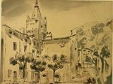 drawing of an old building with a clock tower in the middle of it