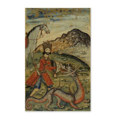 un tableau représentant un homme à cheval, aux côtés d'un dragon