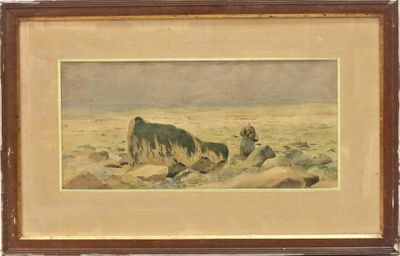 une image représentant un tableau où l'on voit une vache couchée dans le désert