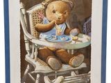 tableau représentant un ours en peluche assis dans une chaise haute devant une assiette de nourriture