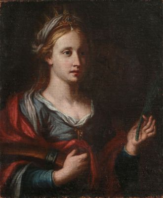 a painting of a woman in a red cloak holding a mirror