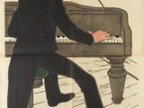 une vieille affiche représentant un homme jouant du piano devant un piano