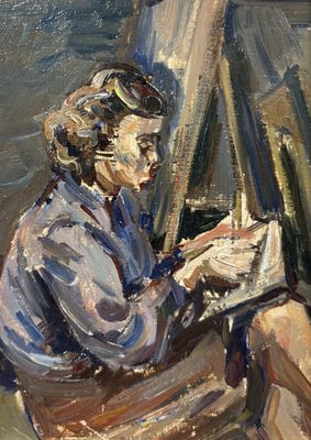 une peinture à l'huile représentant une femme assise sur une chaise en train de lire un livre