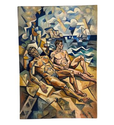 un tableau représentant deux hommes assis sur une plage, avec un voilier en arrière-plan