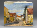 an image of a painting of a street with buildings and a tree