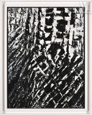 une peinture en noir et blanc représentant une forêt avec des arbres en arrière-plan