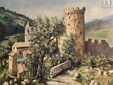 une peinture à l'huile représentant un château sur une colline, avec une route