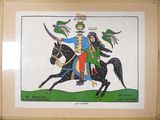 a picture of a man riding a horse with a bird on his shoulder