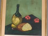 tableau représentant une nature morte avec du pain et une bouteille de vin