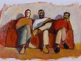 painting of three men sitting on a couch, one holding a surfboard