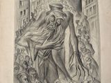 an old book with a drawing of a man holding a woman in his arms