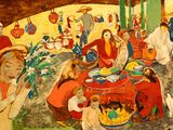une peinture représentant un groupe de personnes assises autour d'une table