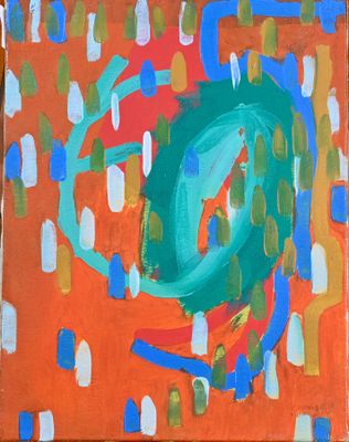 abstract painting of orange and blue circles on a red background