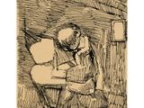 a drawing of a man sitting in a chair reading a book